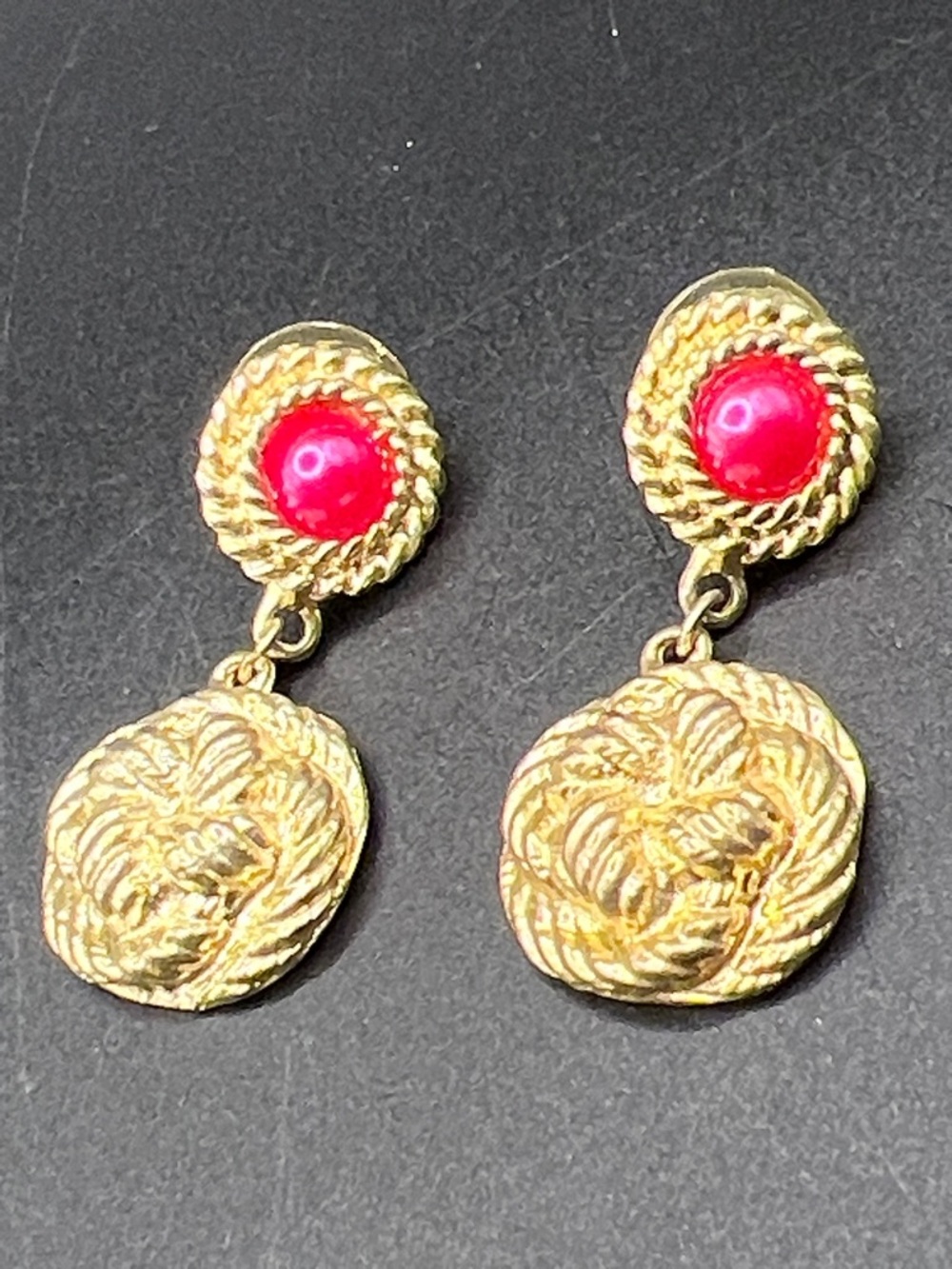 Gold-Tone Drop Earrings with Red Cabochon